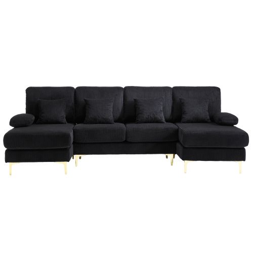 Canapé D'angle En U Avec Éclairage LED Et Port USB-c, 4 Coussins Et Dossier, Noir