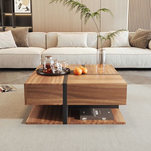 Table Basse78x78x36cm, Table Carré, 4 Tiroirs, Moderne, Aggloméré, Noir+bois