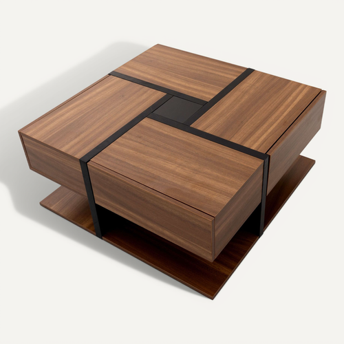 Table Basse78x78x36cm, Table Carré, 4 Tiroirs, Moderne, Aggloméré, Noir+bois