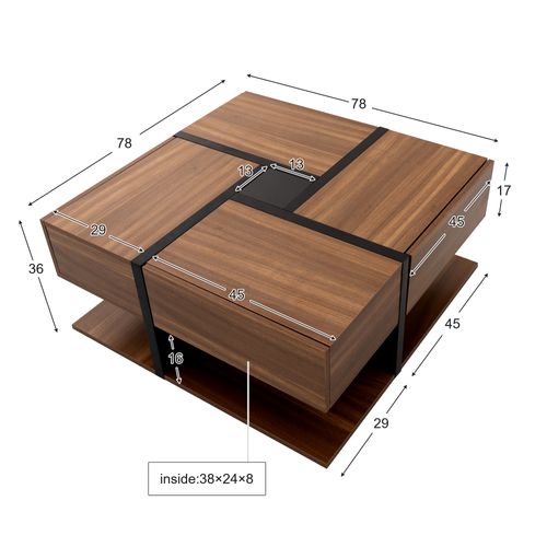 Table Basse78x78x36cm, Table Carré, 4 Tiroirs, Moderne, Aggloméré, Noir+bois