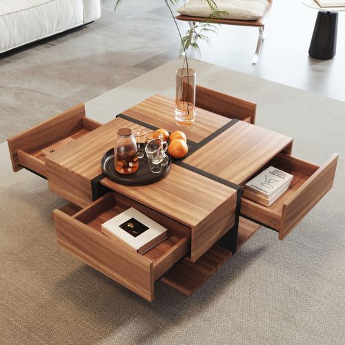 Table Basse78x78x36cm, Table Carré, 4 Tiroirs, Moderne, Aggloméré, Noir+bois
