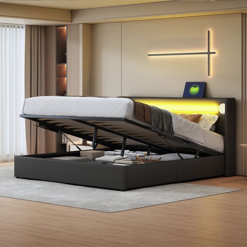 Lit 160x200cm, Lit 2 Places, Lit Coffre, Sommier, LED, USB, Tête De Lit, Pu, Métal+bois, Noir
