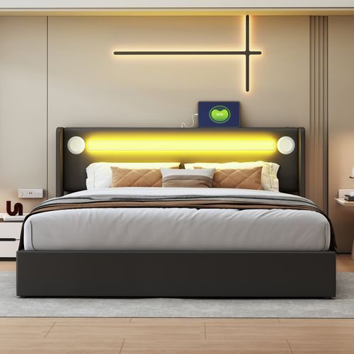 Lit 160x200cm, Lit 2 Places, Lit Coffre, Sommier, LED, USB, Tête De Lit, Pu, Métal+bois, Noir