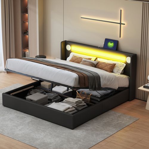Lit 160x200cm, Lit 2 Places, Lit Coffre, Sommier, LED, USB, Tête De Lit, Pu, Métal+bois, Noir