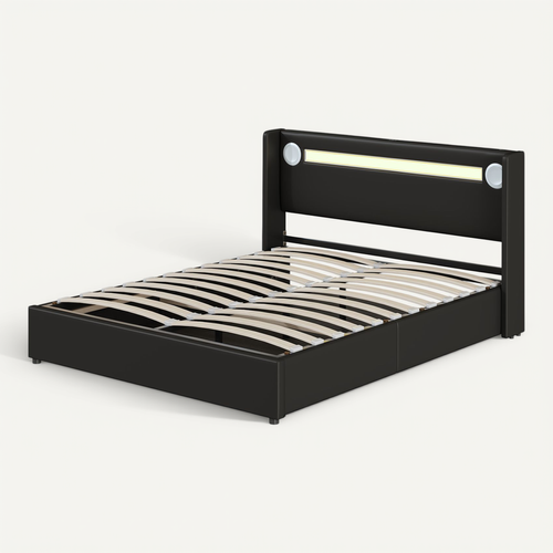 Lit 160x200cm, Lit 2 Places, Lit Coffre, Sommier, LED, USB, Tête De Lit, Pu, Métal+bois, Noir