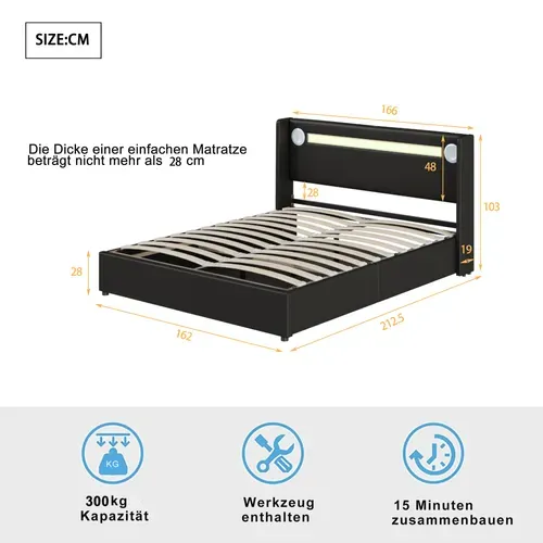 Lit 160x200cm, Lit 2 Places, Lit Coffre, Sommier, LED, USB, Tête De Lit, Pu, Métal+bois, Noir