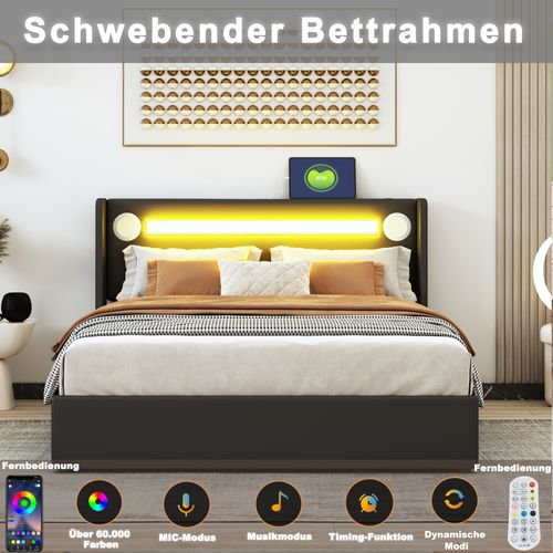 Lit 160x200cm, Lit 2 Places, Lit Coffre, Sommier, LED, USB, Tête De Lit, Pu, Métal+bois, Noir