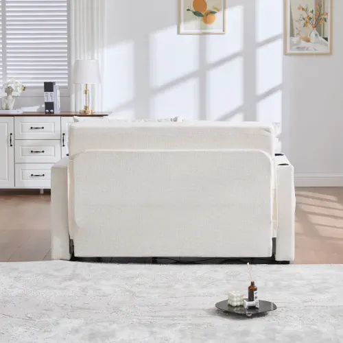Canapé 2 Places, Canapé Pliant Beige Avec Fonction Gigogne, Dossier Réglable, USB, Porte-gobelet