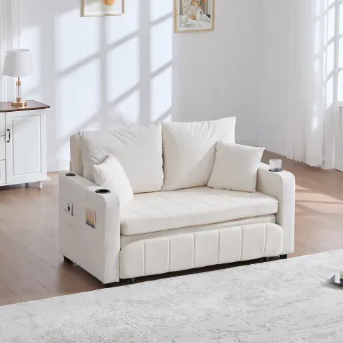Canapé 2 Places, Canapé Pliant Beige Avec Fonction Gigogne, Dossier Réglable, USB, Porte-gobelet