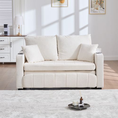 Canapé 2 Places, Canapé Pliant Beige Avec Fonction Gigogne, Dossier Réglable, USB, Porte-gobelet