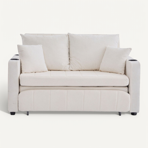 Canapé 2 Places, Canapé Pliant Beige Avec Fonction Gigogne, Dossier Réglable, USB, Porte-gobelet
