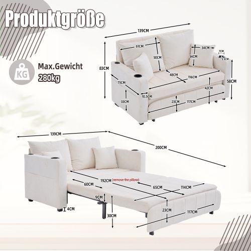 Canapé 2 Places, Canapé Pliant Beige Avec Fonction Gigogne, Dossier Réglable, USB, Porte-gobelet