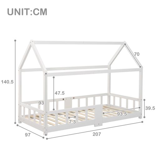 Lit Cabane 90x200cm, Lit Enfant, Tableau, Sommier à Latte, Barrières De Sécurité, En Mdf, Pin, Blanc
