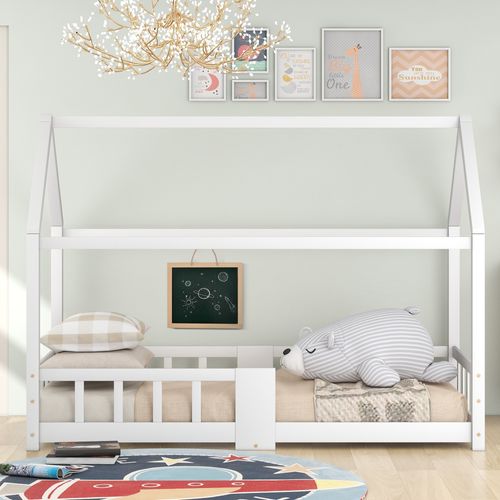 Lit Cabane 90x200cm, Lit Enfant, Tableau, Sommier à Latte, Barrières De Sécurité, En Mdf, Pin, Blanc