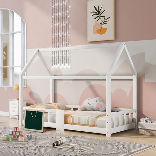 Lit Cabane 90x200cm, Lit Enfant, Tableau, Sommier à Latte, Barrières De Sécurité, En Mdf, Pin, Blanc