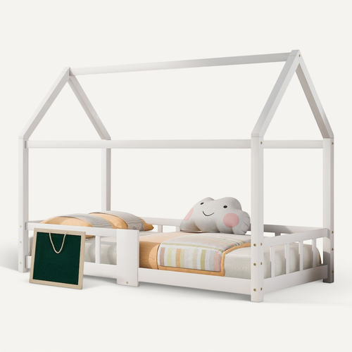 Lit Cabane 90x200cm, Lit Enfant, Tableau, Sommier à Latte, Barrières De Sécurité, En Mdf, Pin, Blanc