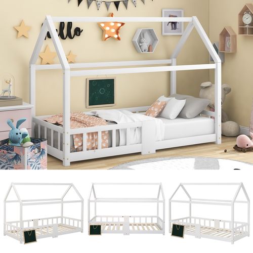 Lit Cabane 90x200cm, Lit Enfant, Tableau, Sommier à Latte, Barrières De Sécurité, En Mdf, Pin, Blanc