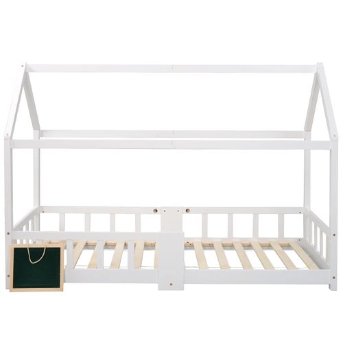 Lit Cabane 90x200cm, Lit Enfant, Tableau, Sommier à Latte, Barrières De Sécurité, En Mdf, Pin, Blanc