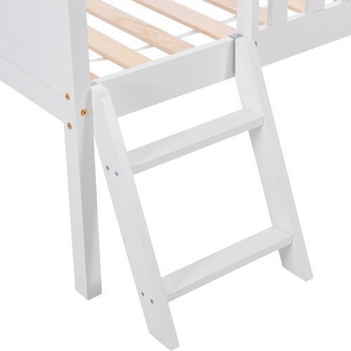 Lit Cabane 200x90cm, Lit Enfant, 2 Niches, Tiroir, Marches Latérales, En Pin, Couleur, Blanc Et Bois