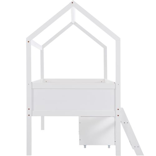 Lit Cabane 200x90cm, Lit Enfant, 2 Niches, Tiroir, Marches Latérales, En Pin, Couleur, Blanc Et Bois
