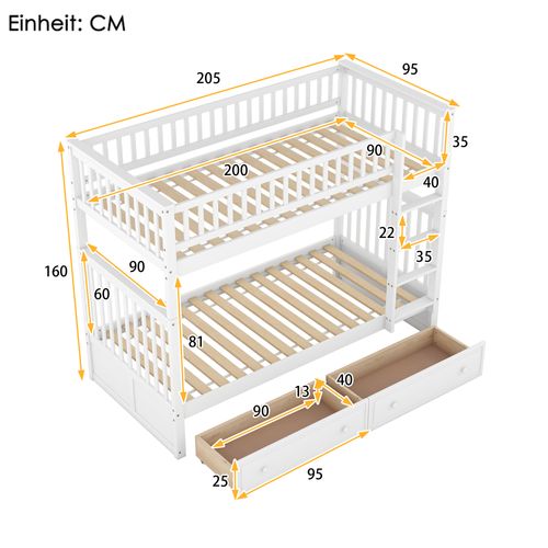 Lit Superposé 90x200cm, Lit Enfant, 2 Tiroirs, Escalier, Barrières, Sommiers, Pin, Mdf, Blanc