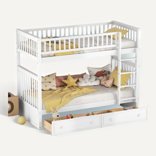 Lit Superposé 90x200cm, Lit Enfant, 2 Tiroirs, Escalier, Barrières, Sommiers, Pin, Mdf, Blanc