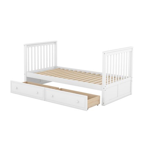 Lit Superposé 90x200cm, Lit Enfant, 2 Tiroirs, Escalier, Barrières, Sommiers, Pin, Mdf, Blanc