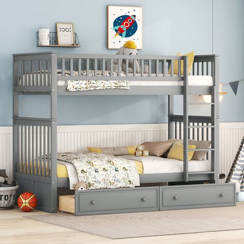 Lit Superposé 90x200cm, Lit Enfant, Escalier, Barrières Hautes, 2 Tiroirs, Sommiers, Pin, Mdf, Gris