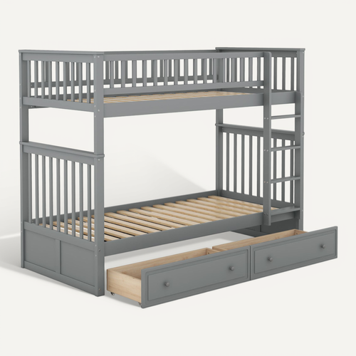 Lit Superposé 90x200cm, Lit Enfant, Escalier, Barrières Hautes, 2 Tiroirs, Sommiers, Pin, Mdf, Gris