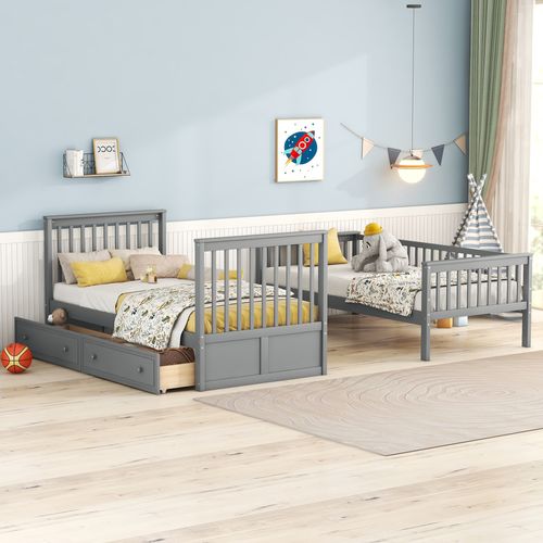 Lit Superposé 90x200cm, Lit Enfant, Escalier, Barrières Hautes, 2 Tiroirs, Sommiers, Pin, Mdf, Gris