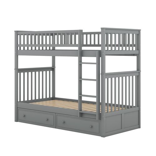 Lit Superposé 90x200cm, Lit Enfant, Escalier, Barrières Hautes, 2 Tiroirs, Sommiers, Pin, Mdf, Gris