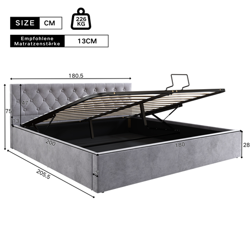 Lit Coffre Lit Double 180x200 Cm, Tête Capitonnée, Sommier Inclus， Velours Gris