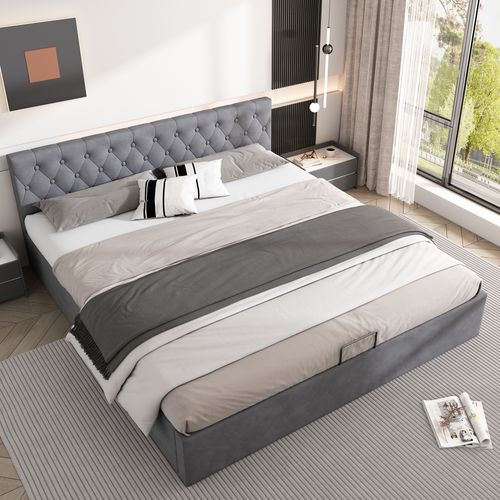 Lit Coffre Lit Double 180x200 Cm, Tête Capitonnée, Sommier Inclus， Velours Gris