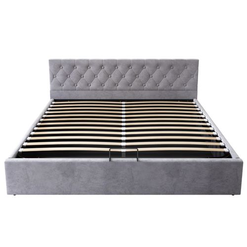 Lit Coffre Lit Double 180x200 Cm, Tête Capitonnée, Sommier Inclus， Velours Gris