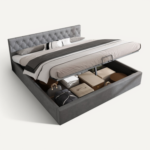 Lit Coffre Lit Double 180x200 Cm, Tête Capitonnée, Sommier Inclus， Velours Gris