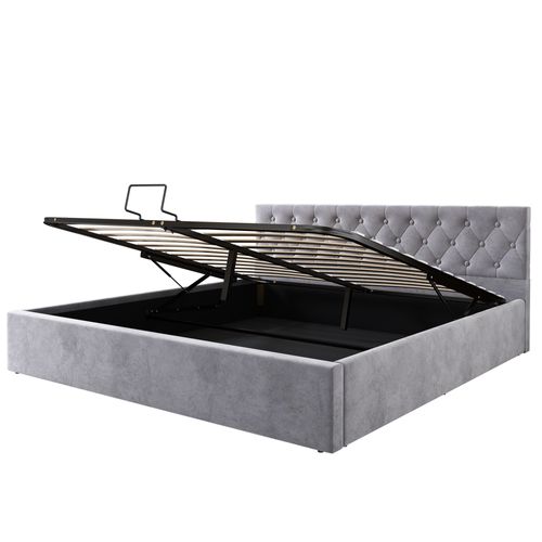 Lit Coffre Lit Double 180x200 Cm, Tête Capitonnée, Sommier Inclus， Velours Gris