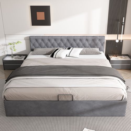 Lit Coffre Lit Double 180x200 Cm, Tête Capitonnée, Sommier Inclus， Velours Gris