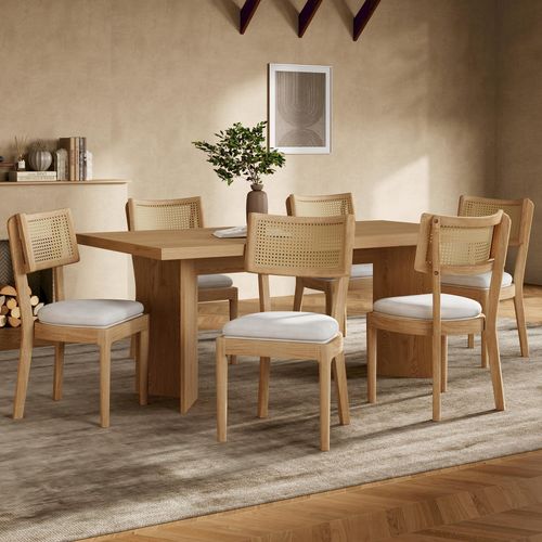 Lot De 4 Chaises 58x50x88cm, Cadre En Bois, Dossier En Rotin, Lin, Couleur Bois+blanc