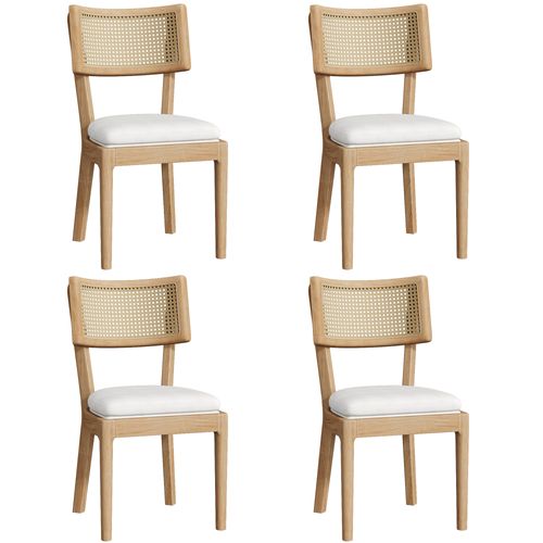 Lot De 4 Chaises 58x50x88cm, Cadre En Bois, Dossier En Rotin, Lin, Couleur Bois+blanc