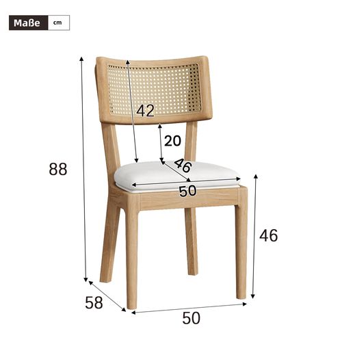 Lot De 4 Chaises 58x50x88cm, Cadre En Bois, Dossier En Rotin, Lin, Couleur Bois+blanc