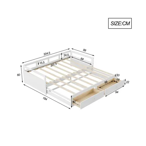 Lit Gigogne 90/180*200cm, Lit Extensible 2 En 1, 2 Tiroirs Spacieux Sur Roulette, Bois, Mdf, Blanc