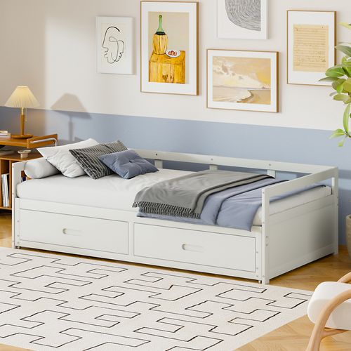 Lit Gigogne 90/180*200cm, Lit Extensible 2 En 1, 2 Tiroirs Spacieux Sur Roulette, Bois, Mdf, Blanc