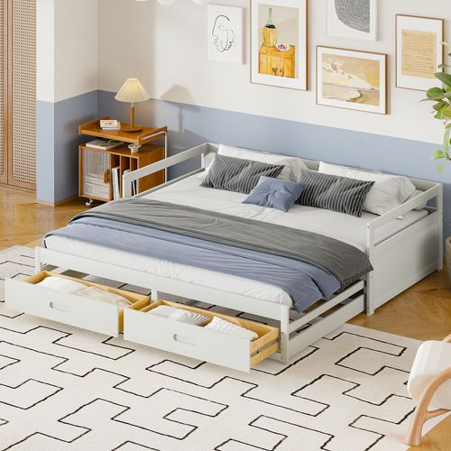 Lit Gigogne 90/180*200cm, Lit Extensible 2 En 1, 2 Tiroirs Spacieux Sur Roulette, Bois, Mdf, Blanc