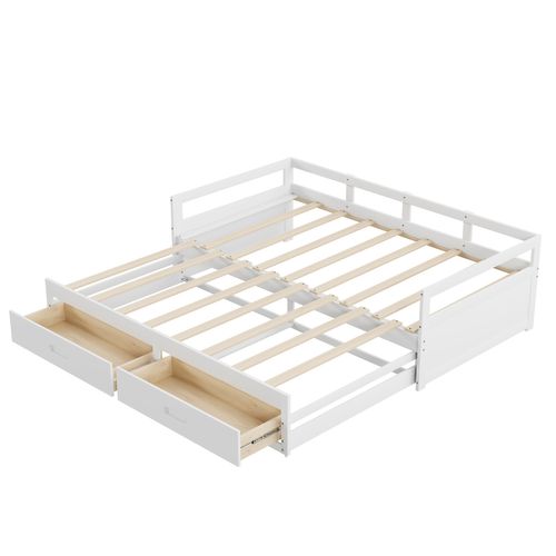 Lit Gigogne 90/180*200cm, Lit Extensible 2 En 1, 2 Tiroirs Spacieux Sur Roulette, Bois, Mdf, Blanc