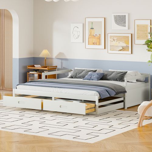 Lit Gigogne 90/180*200cm, Lit Extensible 2 En 1, 2 Tiroirs Spacieux Sur Roulette, Bois, Mdf, Blanc
