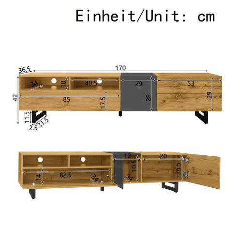 Meuble TV 170*36.5*42cm, Meuble De Salon,3 Compartiments, 3 Portes, 2 Niches, Pb, Gris Et Bois
