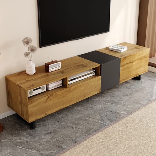 Meuble TV 170*36.5*42cm, Meuble De Salon,3 Compartiments, 3 Portes, 2 Niches, Pb, Gris Et Bois
