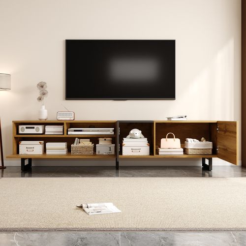 Meuble TV 170*36.5*42cm, Meuble De Salon,3 Compartiments, 3 Portes, 2 Niches, Pb, Gris Et Bois