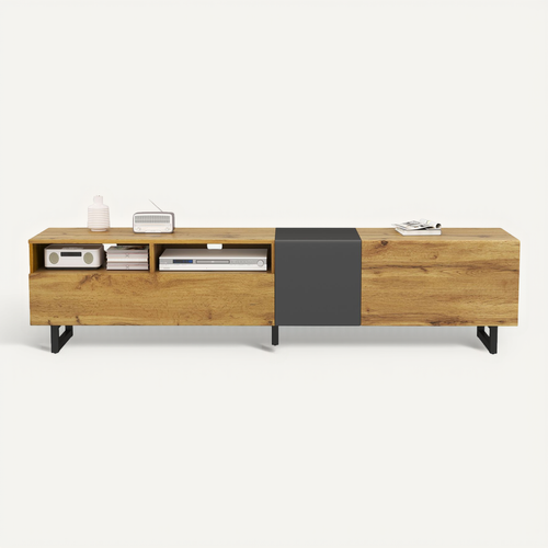 Meuble TV 170*36.5*42cm, Meuble De Salon,3 Compartiments, 3 Portes, 2 Niches, Pb, Gris Et Bois