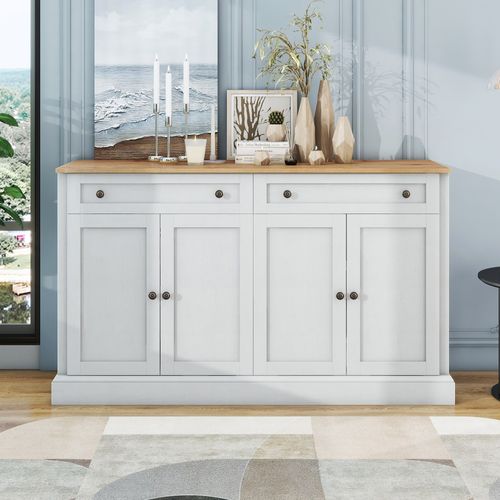Buffet 150x40x86 Cm Avec 4 Portes Et 2 Tiroirs, Panneaux De Particules, Blanc Antique Et Naturel